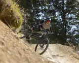 Kolarz w akcji na trasie cross country, zjeżdża po piaszczystym zboczu, unosząc kurz.