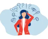 Femme perplexe, entourée de points d'interrogation et de spirales, évoquant le stress ou un test TDah.