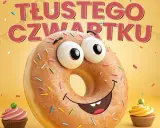 Wesołe życzenia na Tłusty Czwartek od uśmiechniętego pączka z posypką i babeczek.