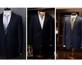 Three navy blue suit colors displayed on mannequins, showcasing different tie and vest combinations for a sophisticated look.