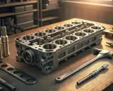 Bloque motor rajado con herramientas de mecánica.