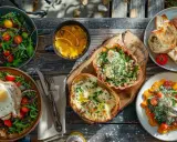 Un festin de paris nourriture : salades fraîches, œufs au plat, pain croustillant, soupe et plats colorés sur une table en bois.