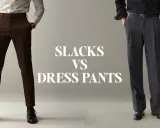 See what slacks look like: a man in brown slacks with a slim fit, and another in grey dress pants with pleats.