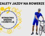 Radosny kolarz w niebieskim stroju i kasku, obok niego rower. Grafika z hasłem "Zalety jazdy na rowerze" i ikonami podkreślającymi korzyści dla mięśni i kondycji. To idealny dzień roweru!