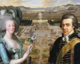 Axel von Fersen och Marie Antoinette framför ett palats. En ros i hennes hand, en blick mot framtiden.
