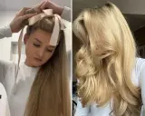 Blondynka z falowanymi włosami po trwałej układa je za pomocą wstążki. Efekt: bujne loki.