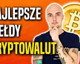 Mężczyzna zastanawia się nad najlepszymi giełdami kryptowalut. Obok symbol Bitcoina i znak zapytania.