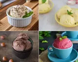 Cuatro deliciosos helados: vainilla con cacao, limón, chocolate y frutos rojos. ¡Ideas para como hacer helado casero!