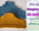 Dos muestras tejidas con puntos para tejer, una azul y otra amarilla, muestran cómo menguar puntos sin escalones para labores y punto.