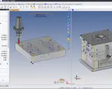 Simulazione CAD/CAM di una fresatura su una piastra di supporto. Il software mostra il processo di foratura, evidenziando il significato del cad cam nella produzione.