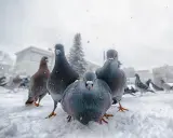 Un gruppo di piccioni si avvicina minacciosamente sulla neve, un'immagine che potrebbe scatenare la fobia dei piccioni.