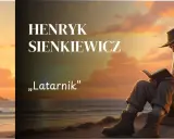 Latarnia morska na tle zachodzącego słońca, obok siedzący starszy mężczyzna czytający książkę.