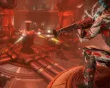 Dwóch graczy w futurystycznych zbrojach walczy w mrocznym, industrialnym otoczeniu. To dynamiczna scena z gry mmo.