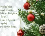 Choinka z bombkami i szyszką, na tle bokeh. Proste życzenia świąteczne: "Wesołych Świąt, pachnących choinką, ciepłem bliskich i dźwiękiem kolęd. Niech te dni przyniosą spokój i uśmiech w Twoim domu.