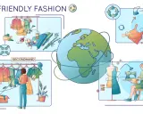 Illustrazione che mostra l'economia circolare nella moda: abiti di seconda mano, riciclo e sartoria.