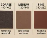 Tres lijas para pared de diferentes granos: gruesa para remover material, media para alisar y fina para acabado.