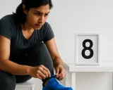 Donna si allaccia le scarpe da corsa, pronta per il suo programma corsa per dimagrire. Il numero 8 in un quadro suggerisce il giorno 8 del suo percorso.