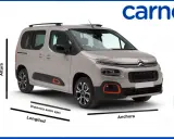 Vista frontal de un Citroën Berlingo con indicaciones de sus **citroen berlingo medidas**: longitud, distancia entre ejes, altura y altura libre al suelo.