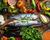 Frische Zutaten für gesunde gicht rezepte mittagessen: Fisch, Gemüse, Kräuter, Linsen und Reis.