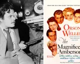 Orson Welles bakom kameran, bredvid en affisch för hans film "The Magnificent Ambersons".