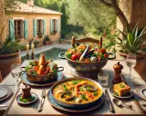 Un festin de spécialités provençales : homard, fruits de mer et bouillabaisse sur une table dressée en terrasse, avec une piscine et une villa en arrière-plan.