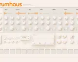 Interface de machine rythmique avec des pistes de batterie, des potentiomètres et un séquenceur pour créer un rythme accompagnement batterie.