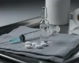 Strzykawka, ampułka z płynem, tabletki i wacik alkoholowy na tacy. Gotowość do podania leku, np. dexametazonu.