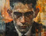 Ritratto intenso di Franz Kafka, con pennellate vibranti e un'espressione enigmatica che cattura l'essenza delle sue opere.