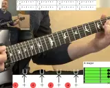 Mężczyzna gra na gitarze elektrycznej, obok schemat akordów i rytmu.