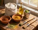 Sacs de farine, bols de pigments naturels pour peinture à la farine (ocre, curcuma, vert), huile et pinceaux sur une table en bois.