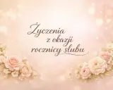 Eleganckie życzenia na 25 rocznicę ślubu, ozdobione pastelowymi różami i delikatnymi światłami.