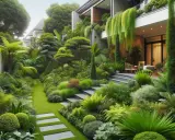 Magnifique aménagement terrasse devant maison, un jardin luxuriant avec des allées en gazon, des marches en pierre et une végétation dense et variée.