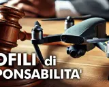Martelletto del giudice e drone, per discutere i profili di responsabilità e le possibili conseguenze, come una multa per drone senza patentino.