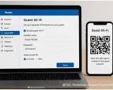 Ein Laptop zeigt die Einrichtung eines Gast-WLANs, während ein Smartphone einen QR-Code für den **WLAN-Gastzugang** anzeigt. Das Risiko liegt in der einfachen Verbindung für Gäste.