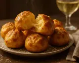 Gougeres au fromage chauds et filants, prêts à être dégustés avec un verre de vin blanc.