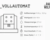 Vollautomat für Kaffee: Mahlgrad sehr fein, 10,8-12,5g Kaffee, 27ml Wasser, 93°C, 27 Sek.