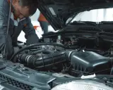 Mechanik pracuje przy silniku samochodu. Sprawdza, czy wymiana oleju koszt nie będzie wysoki.