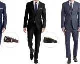 Three men in suits: navy, black, and grey. Each suit is shown with a matching belt.