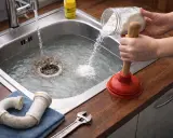 Jak odetkać mocno zatkany zlew? Wsypywanie sody do wody w zlewie, obok przepychacz i klucz.