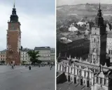 Wieża Ratuszowa na Rynku Głównym w Krakowie, porównanie współczesnego widoku z historycznym. Ile lat ma Kraków? Tysiąc lat historii w jednym kadrze.