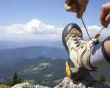 Ręka zawiązuje sznurówki buta trekkingowego na tle górskiego krajobrazu. Właściwe wiązanie butów to klucz do komfortowej wędrówki.
