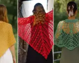 Tres ponchos a crochet rectangulares: uno amarillo, uno rojo y uno verde.
