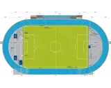 Grundriss einer Leichtathletikanlage mit Fußballfeld. Die Maße der Tartanbahn sind angegeben, um zu zeigen, wie lang eine Tartanbahn sein kann.