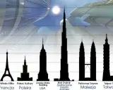 Porównanie wysokości wieżowców: Wieża Eiffla, Pałac Kultury, Empire State Building, Burj Dubaj, Petronas Towers, Taipei 101. Burj Khalifa wysokość robi wrażenie.