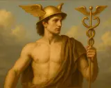 Hermes, der griechische Gott, trägt seinen geflügelten Helm und hält den Caduceus.