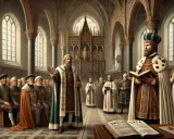 Kung Gustav Vasa läser ur en bok, omgiven av präster och adelsmän i en kyrka. Scenen skildrar reformationen i Sverige.