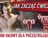 Młody mężczyzna z wyćwiczonymi ramionami trzyma sztangę. Obok ikony hantli i sylwetki podnoszącej ciężar. Temat: trening siłowy dla początkujących.