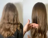 Vorher/Nachher-Vergleich: krauses Haar wird glatt und glänzend durch die Keratin-Wirkung.