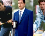 Adam Sandler i tre olika roller från sina filmer. En som golfare, en i kostym och en i en blommig skjorta.