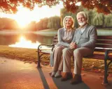 Pareja mayor sonríe sentada en un banco junto a un lago al atardecer, disfrutando de la tranquilidad que les brinda su paga vitalicia.